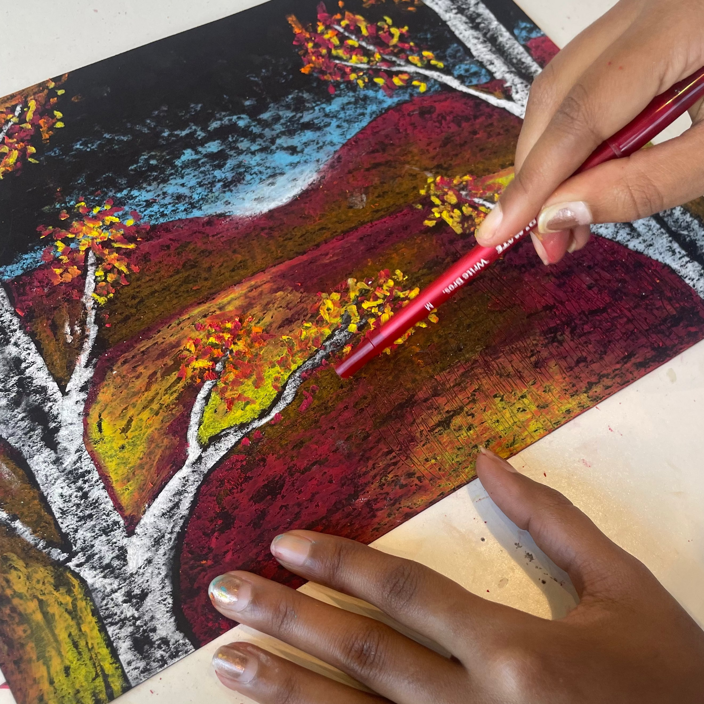 November 25 Oil Pastel Fall Treescape Painting Morning Camp