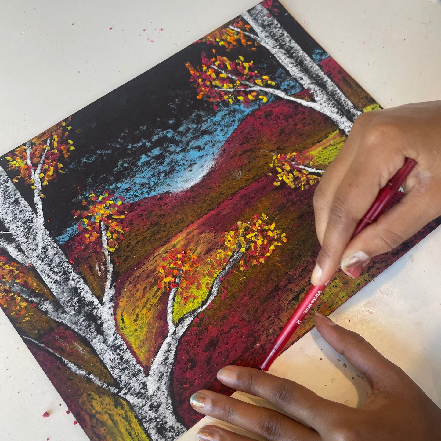 November 25 Oil Pastel Fall Treescape Painting Morning Camp