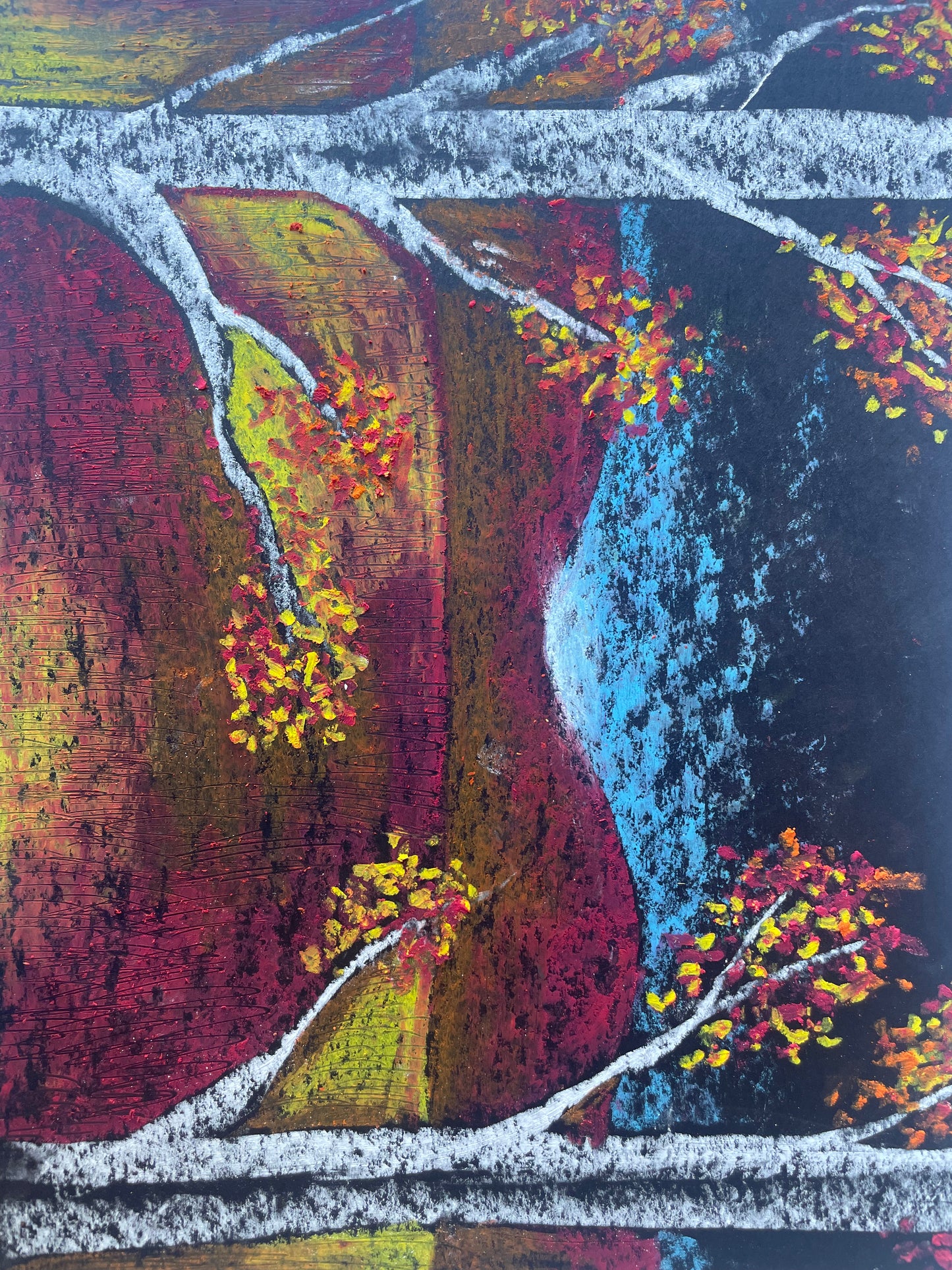 November 25 Oil Pastel Fall Treescape Painting Morning Camp
