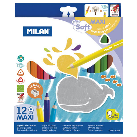 Milan Kids Super Soft Maxi Grip 12pc Color Pencils and Sharpener