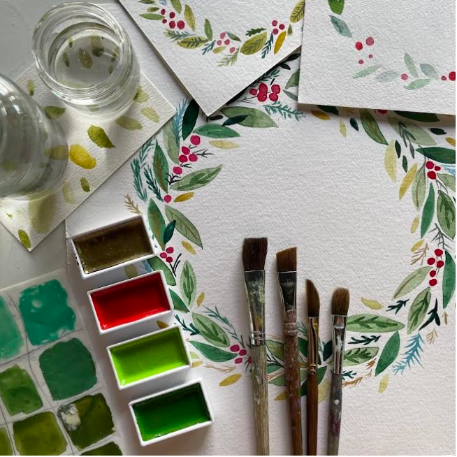Nov 28 Watercolor Seasonal Wreath Painting