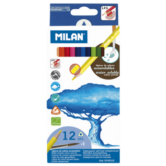 Milan Water-Soluble Colored Pencil Set of 12 w/Brush