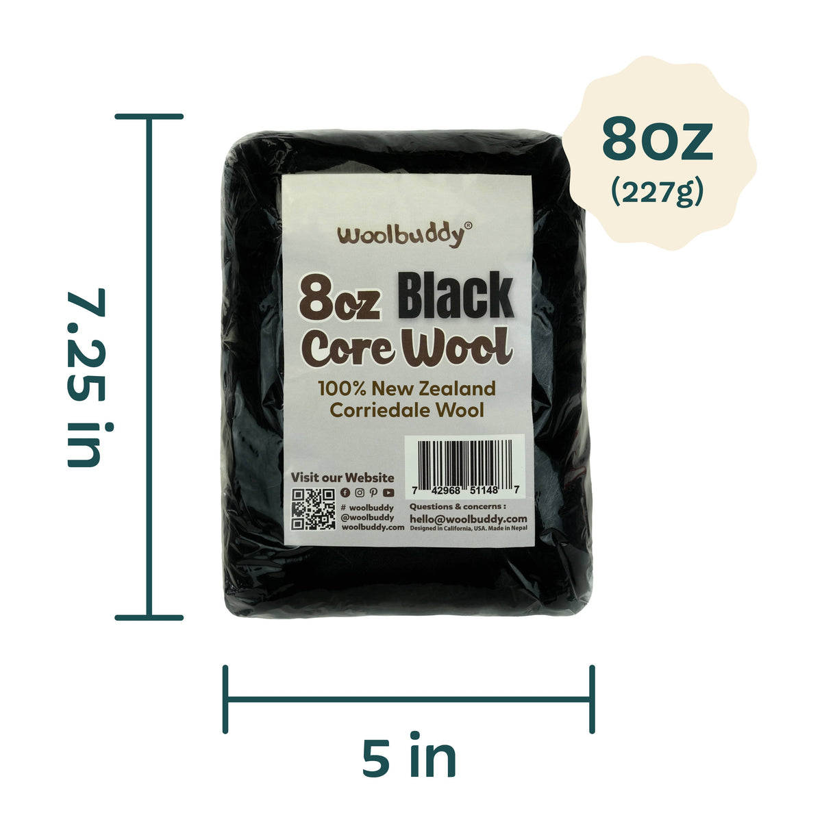 Woolbuddy Core Wool Roving 8oz Black