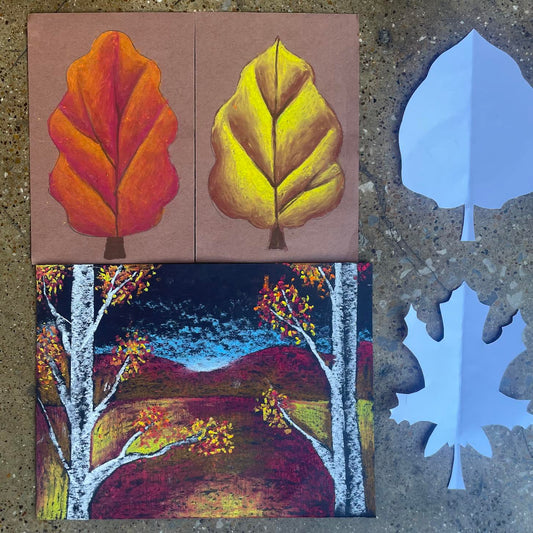 November 25 Oil Pastel Fall Treescape Painting Morning Camp