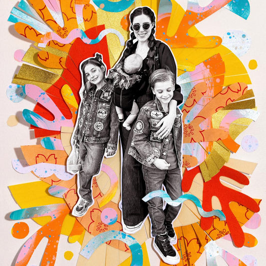 Collage of a woman with two children against a colorful abstract background