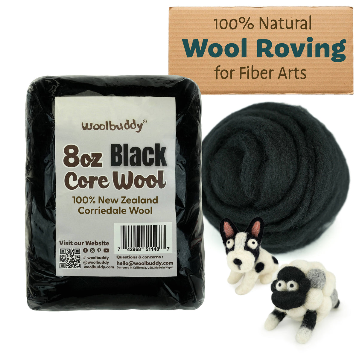 Woolbuddy Core Wool Roving 8oz Black