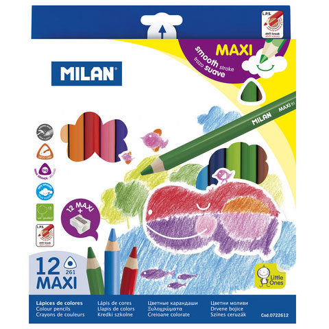 Milan Kids Maxi Ergo-Grip 12pc Color Pencils and Sharpener
