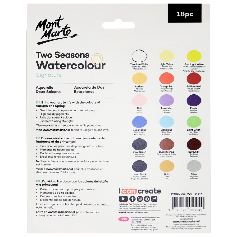 Mont Marte mont marte water color paint set-18 assorted colors with 1  refillable water brush, natural sponge, ceramic dish and built-in